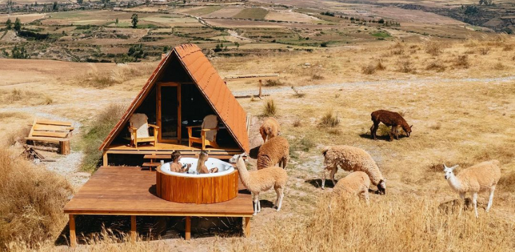 mountain view lodge with couple in hot tub and surrounded by nature and alpacas
